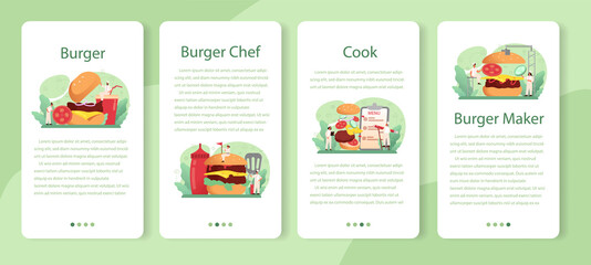 Fast food, burger house mobile application banner set. Chef cook