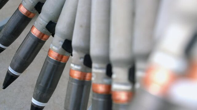 Shells for an automatic cannon. Close-up.