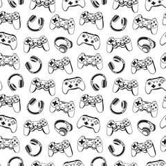 Vector seamless pattern with joysticks and headphones for textiles. Game background for design on a white background.