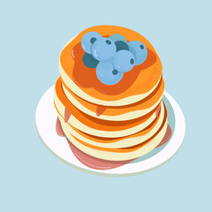 Pancakes on plate with syrup and berries. Vector baking illustration