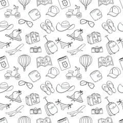 Summer vacation sketch doodle seamless pattern. Black and white