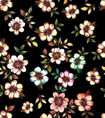 Watercolor bright floral tagetes pattern with black background.
