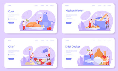 Cook or culinary specialist web banner or landing page set. Chef in apron
