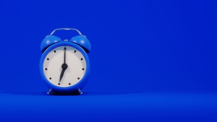 Alarm clock on a backdrop with copy space for text. Time concept 3D render.