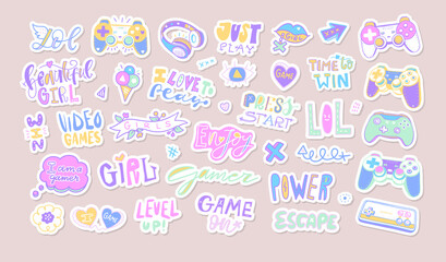 Set of vector stickers, cute badges with phrases, funny joysticks, motivation. Lettering collection for gamer girl, text: beautiful girl, lol, power, video game, play.