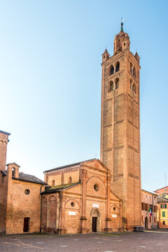 View at the Bell tower and Church of Sagra Santa Maria in Castello in Carpi, Italy