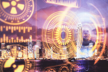 Double exposure of technology theme hologram and cityscape background. Concept of Hightech.