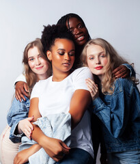 diverse multi nation girls group, teenage friends company cheerful having fun, happy smiling, cute posing isolated on white background, lifestyle people concept, african-american and caucasian