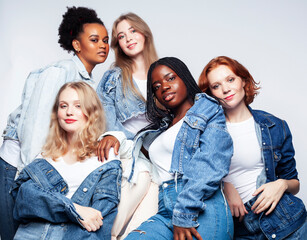 Fototapeta premium diverse multi nation girls group, teenage friends company cheerful having fun, happy smiling, cute posing isolated on white background, lifestyle people concept, african-american and caucasian