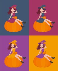 Fototapeta na wymiar 4 kinds of halloween witch sitting on a pumpkin poster, card graphic design, cartoon comic vector illustration