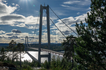 The High Coast Bridge in Sweden. It is a suspension bridge over the Angerman river between Kramfors and Harnosand municipalities in Adalen.