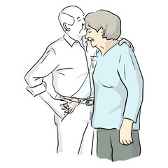 old woman hugging his dead transparent husband vector illustration sketch doodle hand drawn with black lines isolated on white background