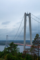 The High Coast Bridge in Sweden. It is a suspension bridge over the Angerman river between Kramfors and Harnosand municipalities in Adalen.