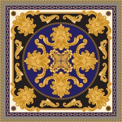 Baroque silk bandana print on a beige, blue and black background. Fashionable pattern of gold chains, scrolls. Scarf, kerchief, silk textile patch, carpet. 8 pattern chain brushes in the palette