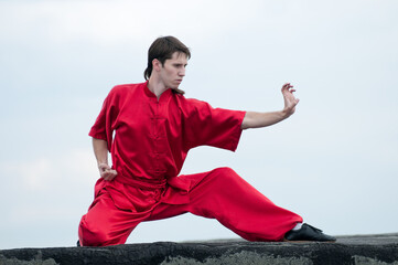 Wushoo man in red practice martial art