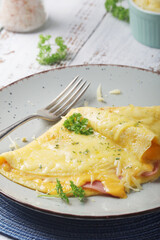 Omelette with ham and cheese on the plate	