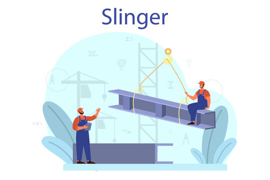 Slinger. Professional workers of constructing industry slinging