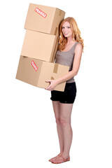 Redhead girl with cardboard moving