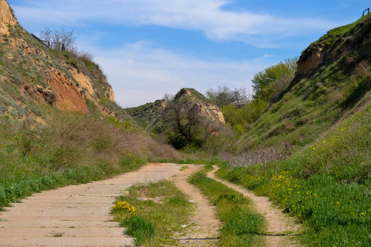 Rural road to the wild beach on the Black sea shore in the Ochakov (Ochakiv) resort in Ukraine