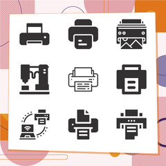 Simple set of 9 icons related to printing machine