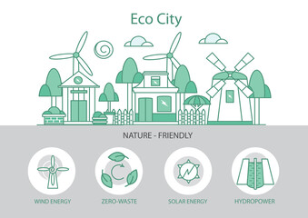 Web template with illustration of eco city. Futuristic urban background with skyscrapers and office buildings