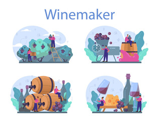 Fototapeta premium Wine maker concept set. Grape wine in a wood barrel, bottle