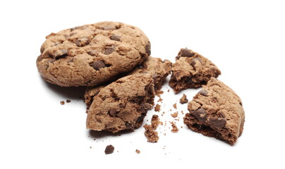 Broken round chocolate chip cookie with crumbs isolated on white background