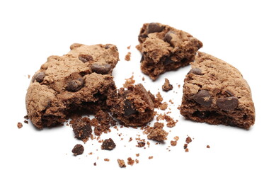 Broken round chocolate chip cookie with crumbs isolated on white background