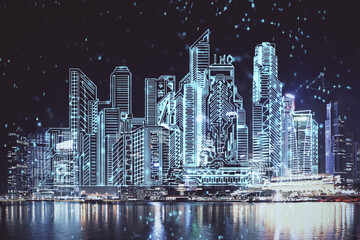 Double exposure of buildings hologram over cityscape background. Concept of smart city.