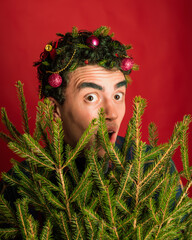 attractive man in a plaid shirt on a red background hair like a christmas tree christmas mood copyspace