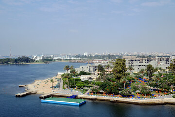 Panoramic view of the city Ismailia in Egypt - Africa. View from the Suez Canal side.