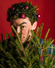 attractive man in a plaid shirt on a red background hair like a christmas tree christmas mood copyspace