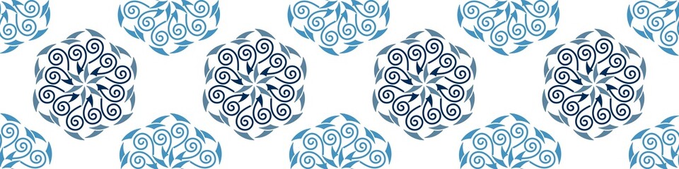 Seamless Ethnic tribal border. Stylized template, flower, mandala . Decorative elements. Hand-drawn decorative elements. Vector Oriental pattern for fabrics and surfaces. Blue and white