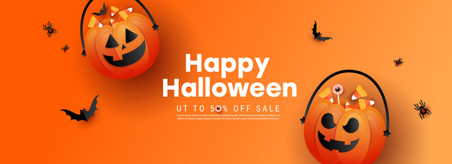 Happy halloween background template with terrible face pumpkin and color candy, bats with text on orange background.