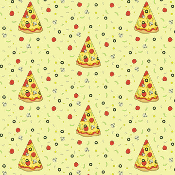 Vector pattern of classic pepperoni pizza slices with mushrooms, cheese, olives and onions on yellow background