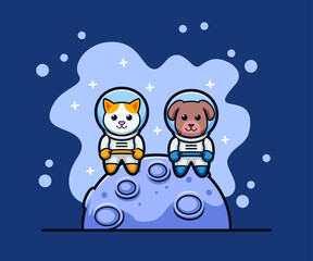 Cute cat and dog astronaut cartoon character design vector illustration