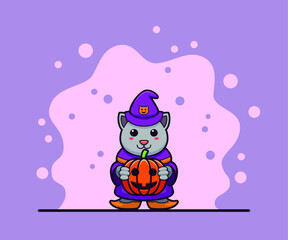 Cute witch cat cartoon character design vector illustration