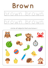 Learning brown color for preschool kids. Writing practice.