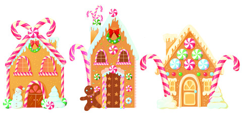 a set of three bakery houses. Christmas gingerbread. cookies in the form of houses with candy decorations. christmas sweets and gifts. striped lollipops. street of fairy