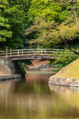 Fototapeta na wymiar 日本庭園の池に架かる木の橋