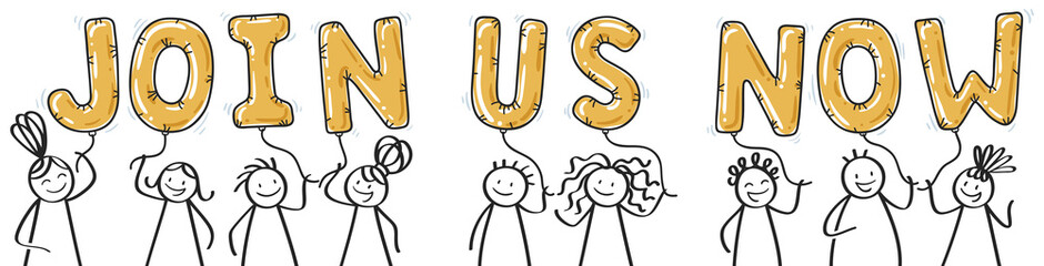 Join us now stick figures human resources balloons banner