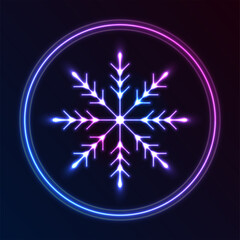 Blue purple neon snowflake and circles abstract glowing Christmas background. Vector winter design