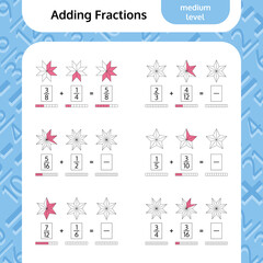 Adding Fractions Mathematical Worksheet. Coloring Book Page. Stars. Math Puzzle. Educational Game. 