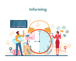 Railway conductor concept. Railway worker informing passenger.