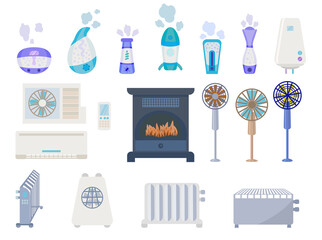 Collection of climate equipment for the home.Set of equipment for a comfortable climate in the house. Fans, air conditioners, radiators, water heaters, humidifiers, electric fireplaces are isolated.