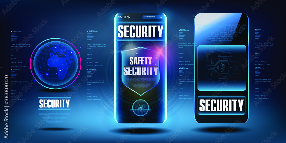 Poster security shield. the concept of protecting personal data from hacking on an electronic device. relia