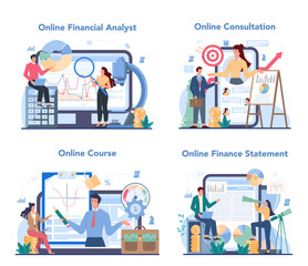 Financial analyst online service or platform set. Business character