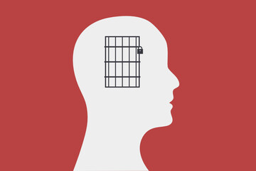 Closed minded illustration. Bars and a lock inside of a persons brain. Human head flat outline icon. Vector.