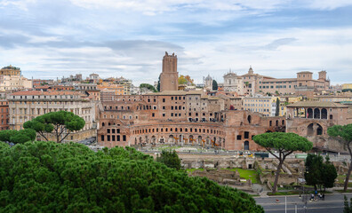 Fototapeta na wymiar The forum and Market of Trajan in Rome, Italy. Trajan's Market (Mercati di Traiano) is one of the main tourist attractions of Roma. 
