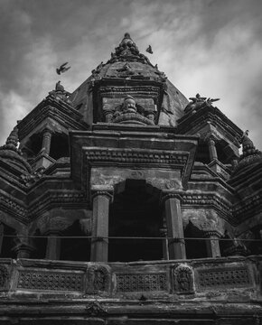 Black and white image of Chyasi Deval Temple in Patan Durbar Square, UNESCO world heritage site.
